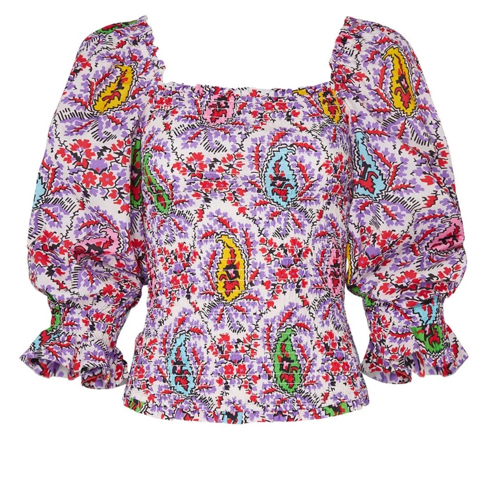 RHODE Alicia Colorful Floral Paisley Puff Sleeve Smocked Top Sz Medium Boho Chic
